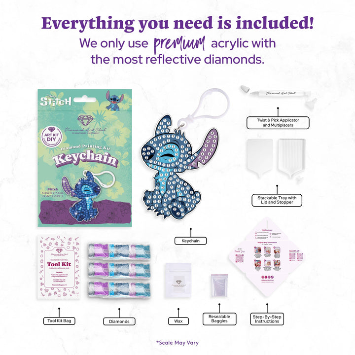 Stitch keychain craft kit with packaging and components on a white background
