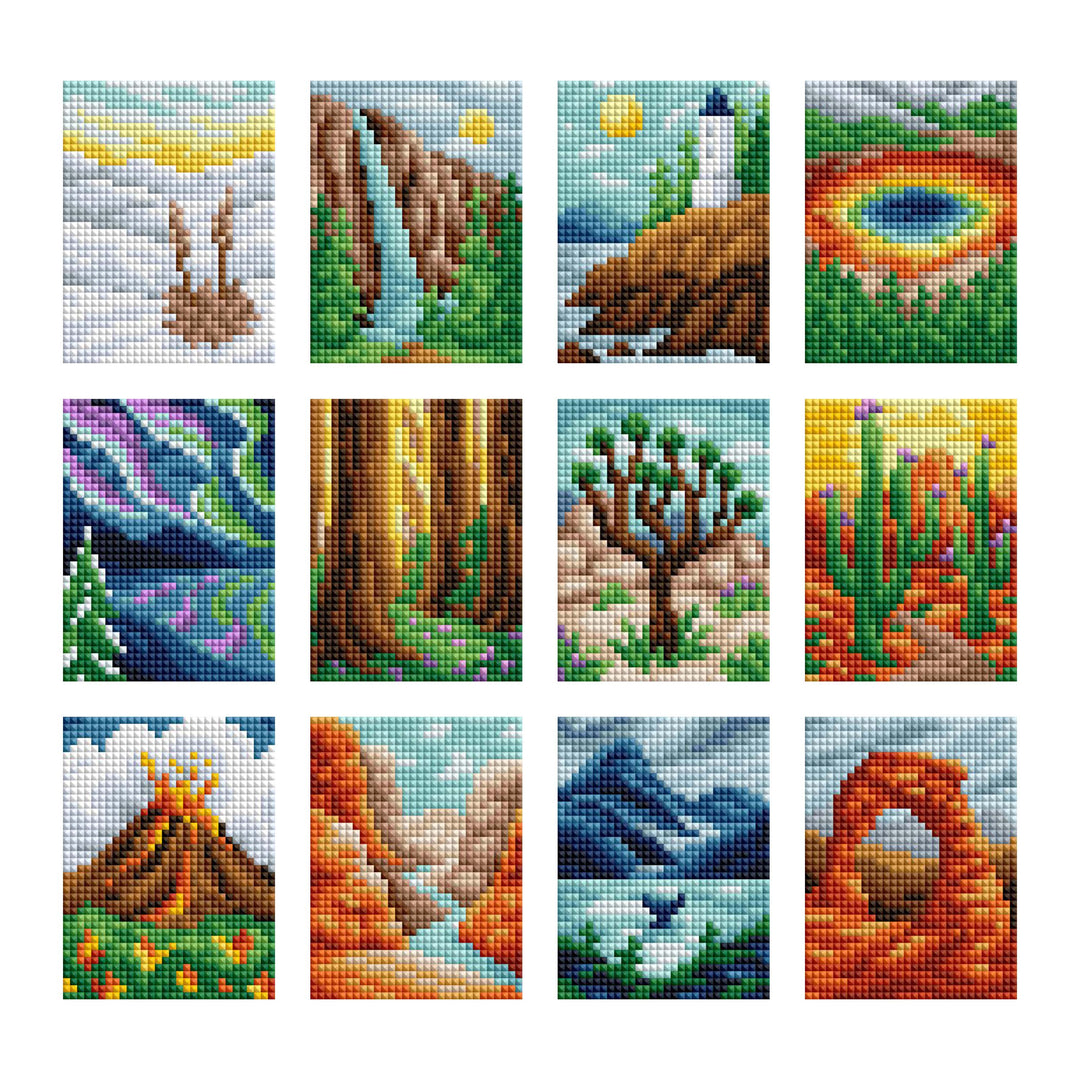 Grid of diamond painting kits with various nature-themed designs.