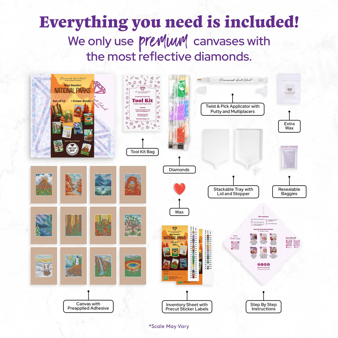 Product bundle with various items including canvases, tool kits, and diamond-related products on a white background.