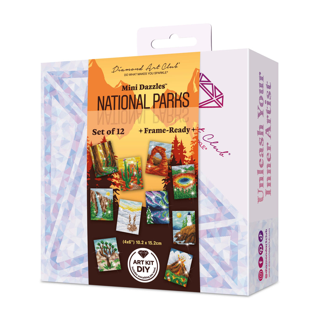 Diamond art kit packaging with images of national parks on a white background