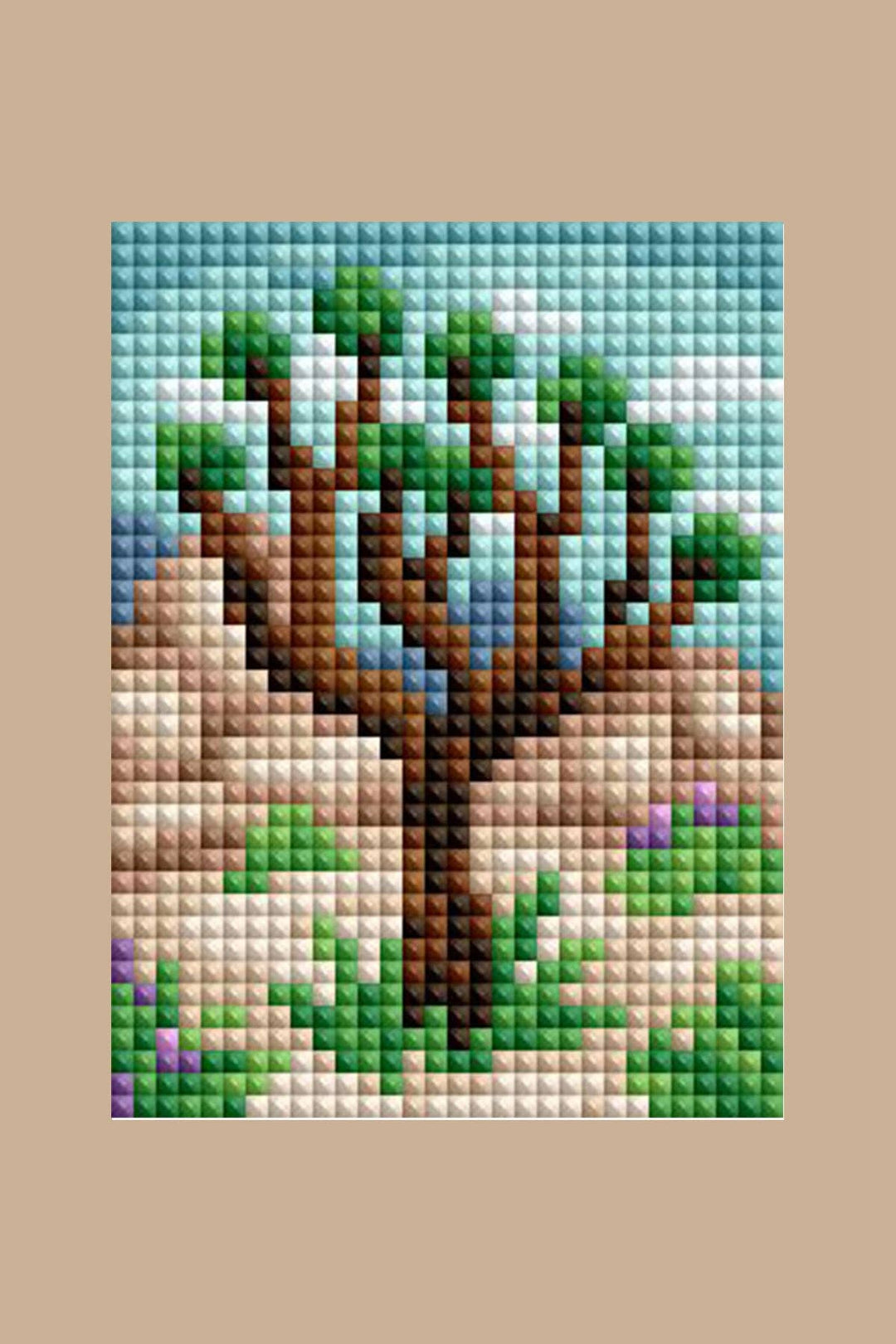 Cross-stitch pattern of a tree on a beige background
