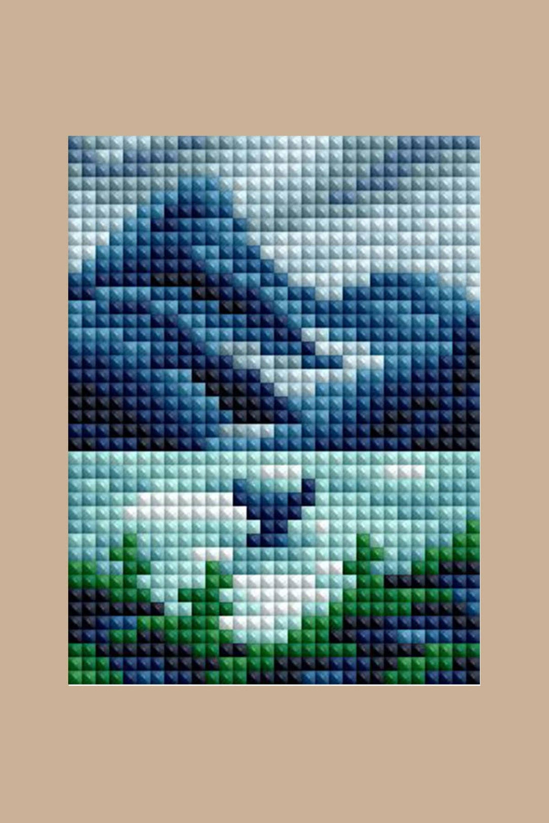 Pixelated image of a mountain landscape with a bird on a beige background