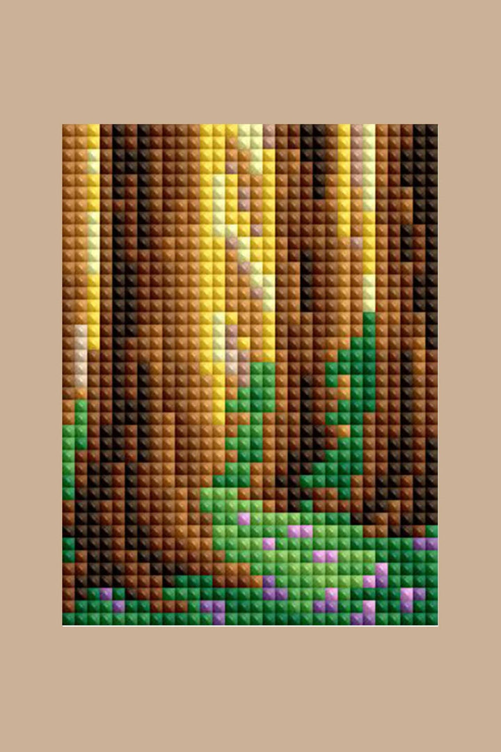 Pixelated landscape with trees and grass on a beige background