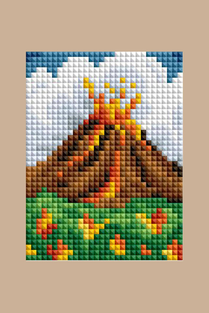 Pixelated design of a horse and a campfire on a beige background