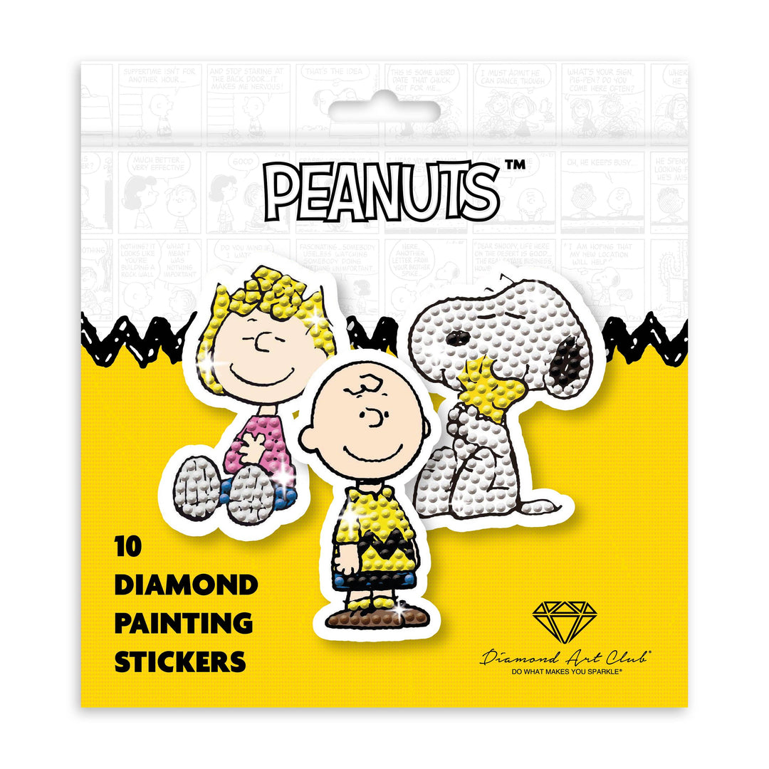 Peanuts diamond painting stickers packaging with cartoon characters on a yellow background