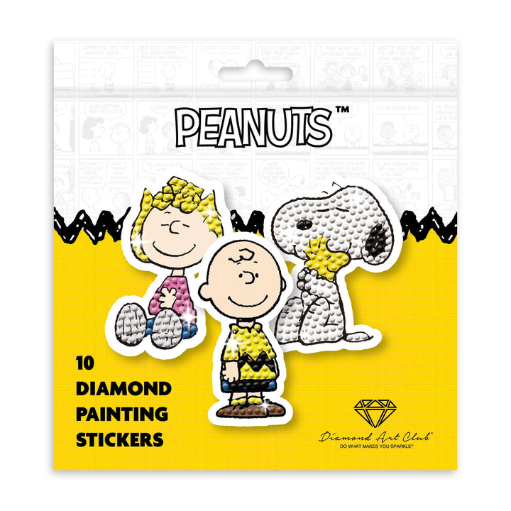 Peanuts diamond painting stickers packaging with cartoon characters on a yellow background
