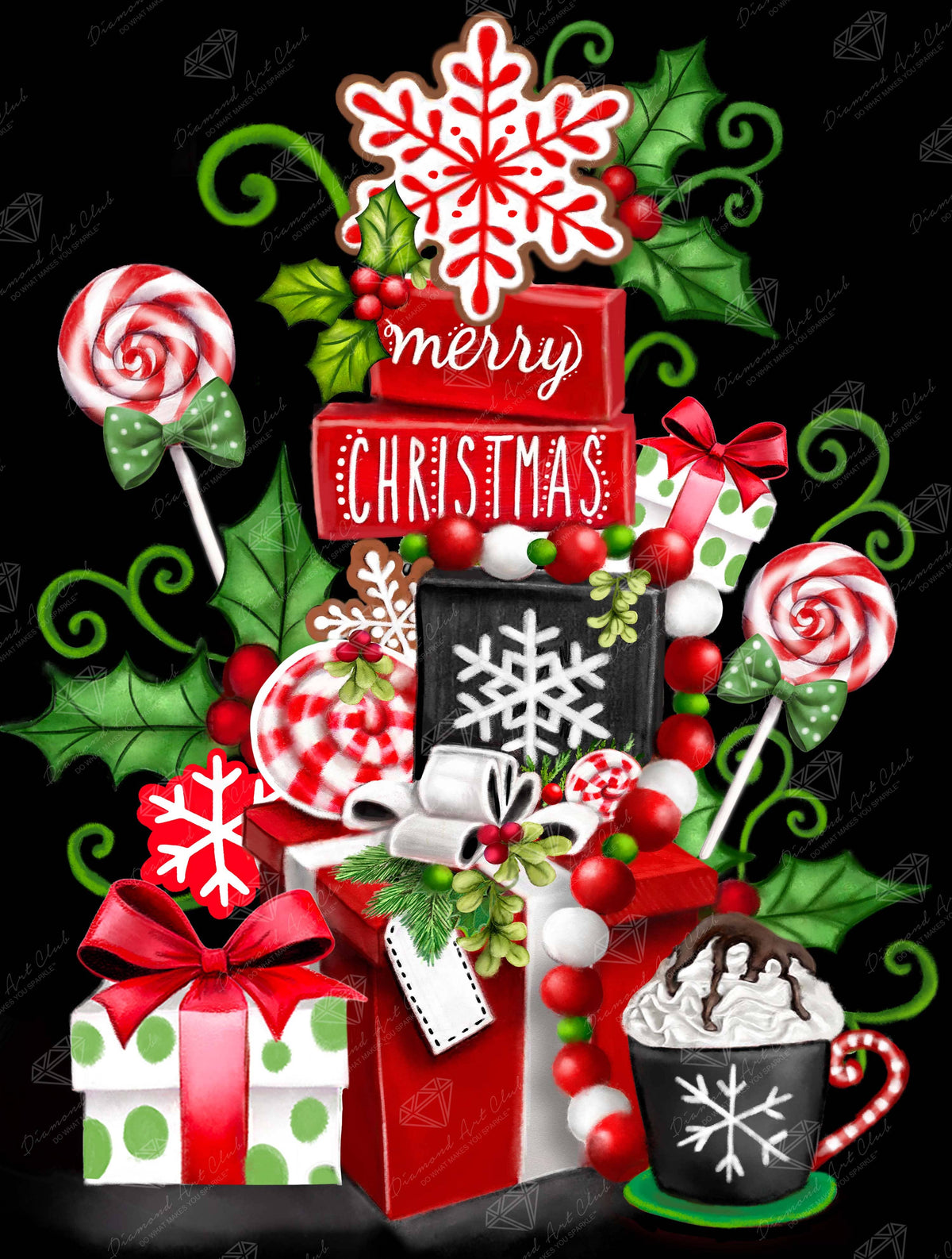 Christmas-themed collage with presents, candy, and hot chocolate on a black background