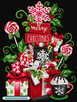 Decorative Christmas-themed artwork with presents, candy, and snowflakes.