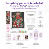 Diamond painting kit with all components labeled on a white background