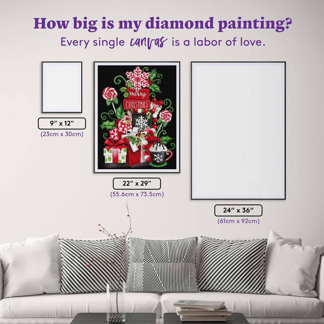 Diamond painting canvas sizes displayed on a wall with a sofa in the foreground.