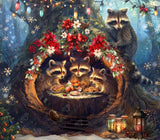 Three raccoons around a Christmas wreath with lights and decorations.