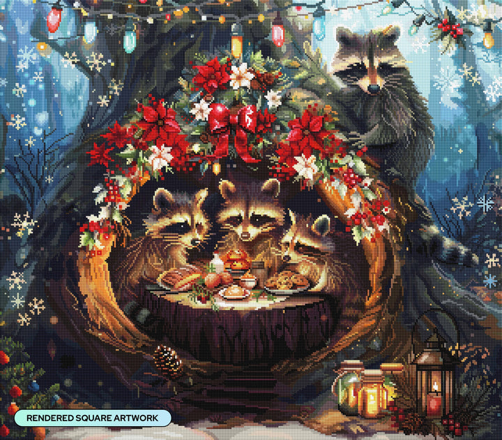 Three raccoons around a table with food, surrounded by flowers and lanterns in a snowy forest setting.