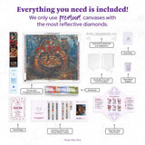 Product set with diamond-related items including canvases, tools, and accessories on a white background.