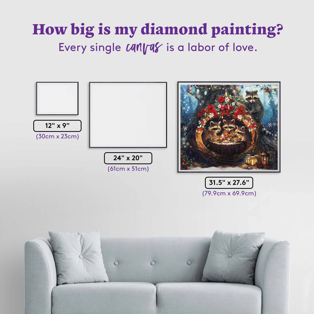 Diamond painting size comparison with a sofa and measurement text on a white background