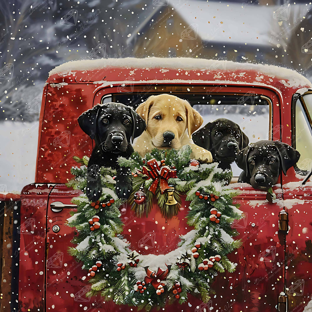 Four puppies in a red truck with a Christmas wreath, surrounded by snow.