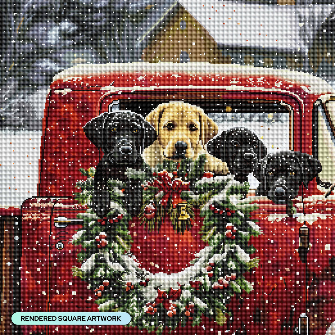 Four puppies in a red truck with a Christmas wreath, snowing outside