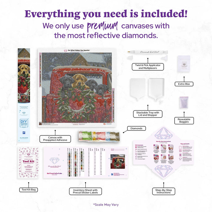Product packaging with various items for a diamond painting kit, including canvases and tools.
