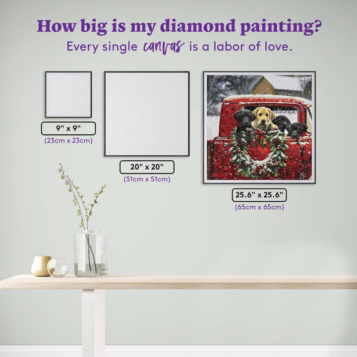 Diamond painting size chart with dimensions displayed on a wall.