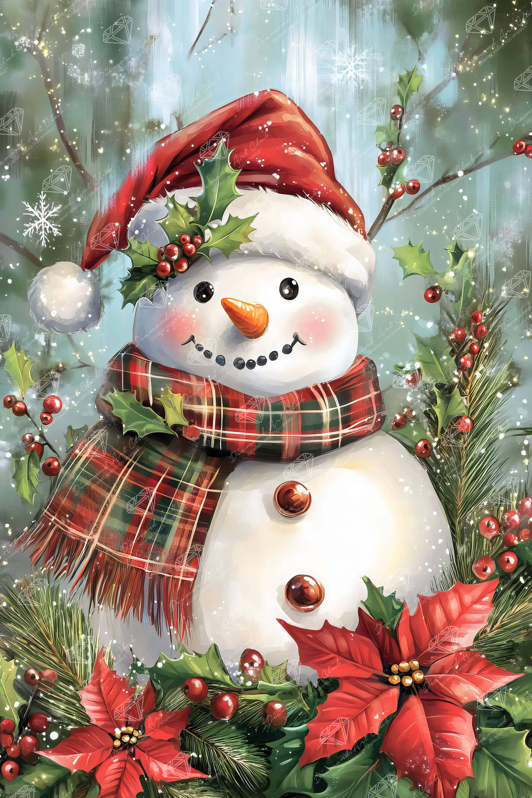 Decorative image of a snowman with a red hat and scarf, surrounded by holly and poinsettias.