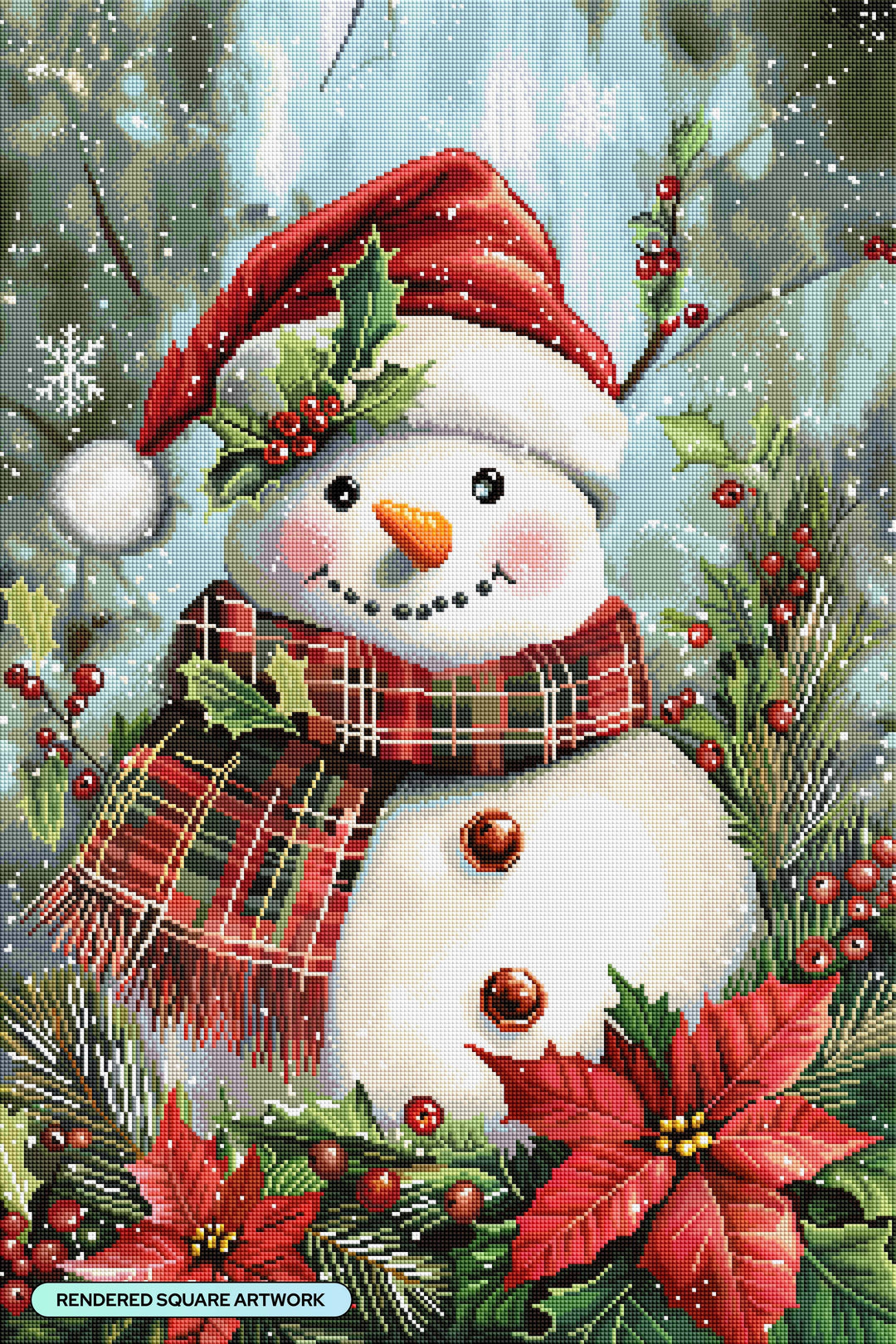 Decorative image of a snowman with a red hat and plaid scarf, surrounded by holly and poinsettias.