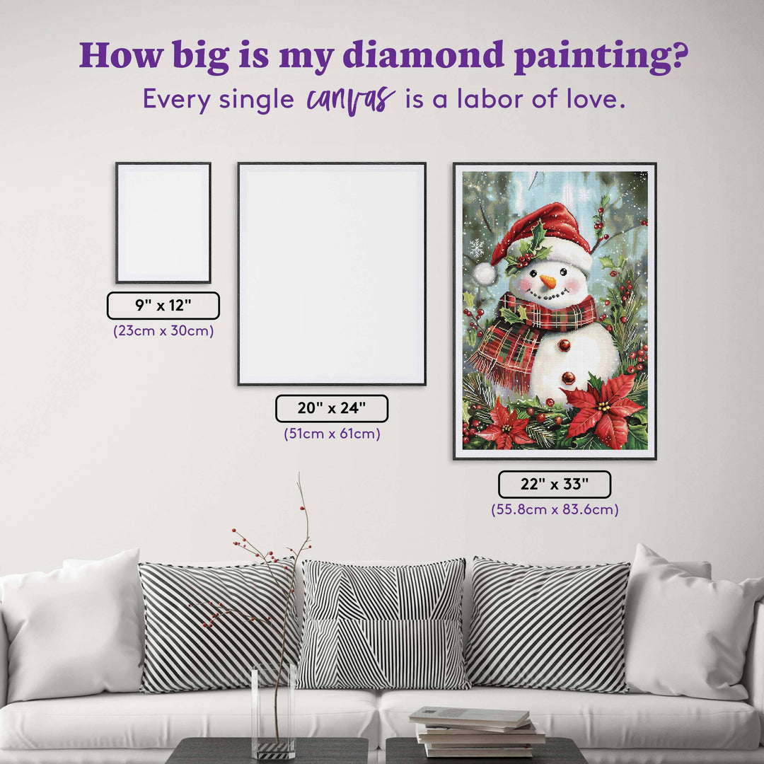 Framed diamond painting of a snowman with measurements displayed on a wall.