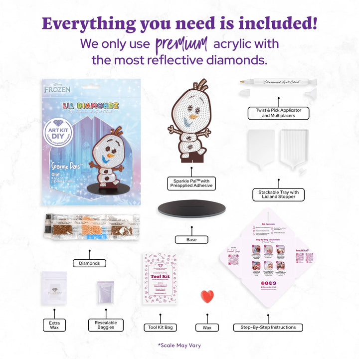 Product set with Olaf figure and packaging labeled 'Everything you need is included!'