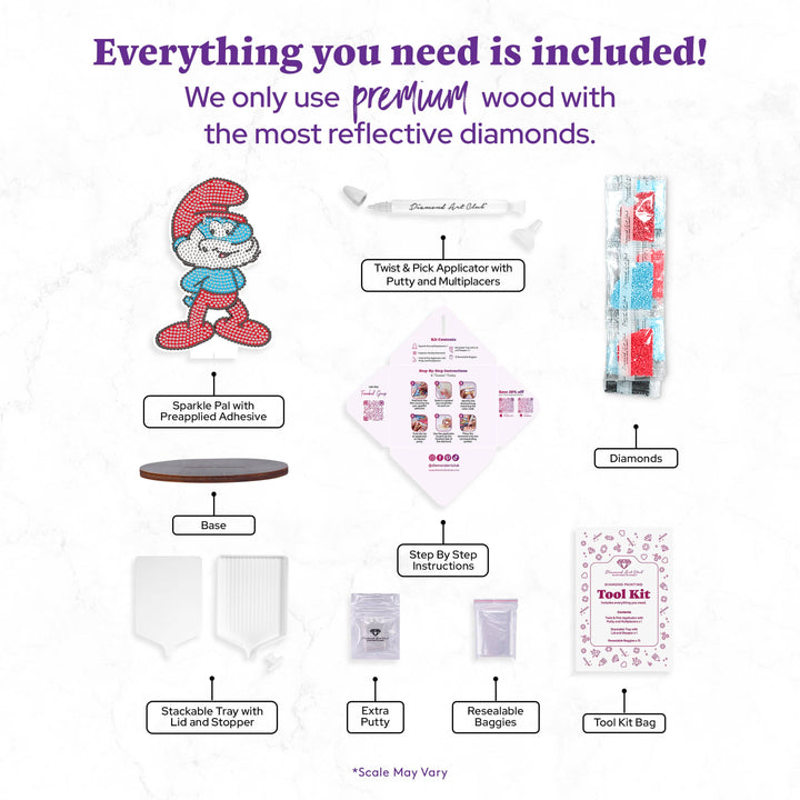 Product set with various items including a Smurf figure, tools, and materials on a white background.