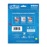 Back of a product packaging with Smurfs branding and text on a blue background