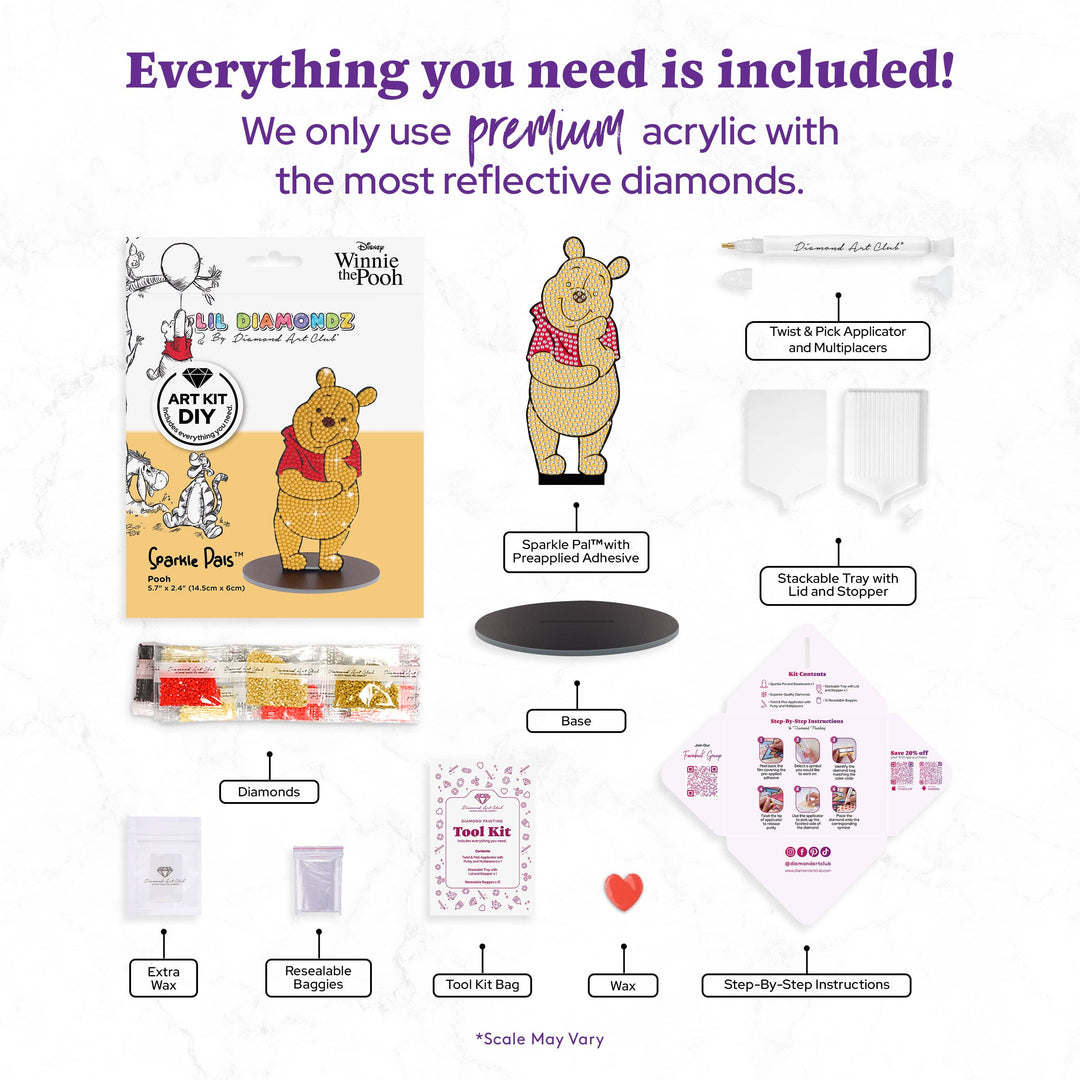Collection of diamond painting supplies with a cartoon bear character on a white background.