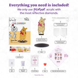 Collection of diamond painting supplies with a cartoon bear character on a white background.