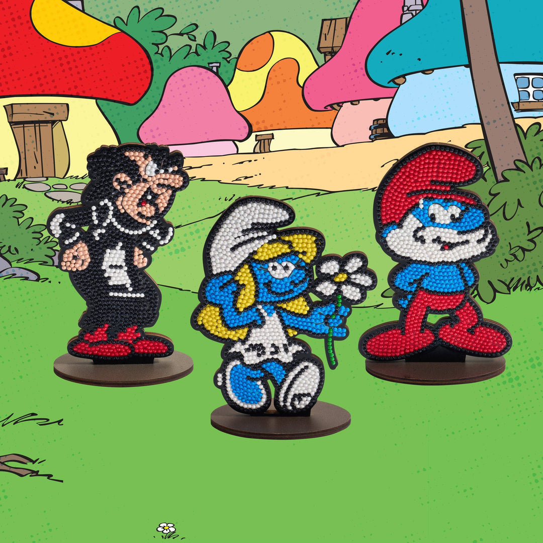 Three cartoon characters on a colorful mushroom-patterned background