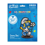 Smurfette figurine with diamond art kit packaging on a blue background
