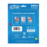 Back of a product packaging with 'The Smurfs' branding and instructions on a blue background.