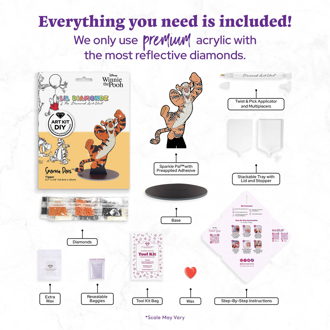 Collection of diamond painting tools and materials with promotional text about premium acrylic and reflective diamonds.