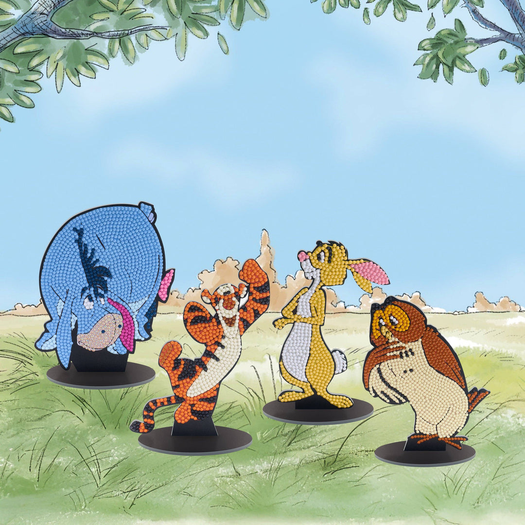 Cartoon character figurines on a grassy field with a blue sky background