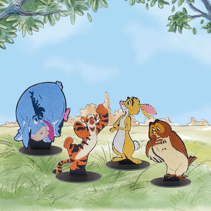 Cartoon character figurines on a grassy field with a blue sky background