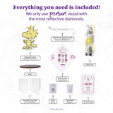 Product set with various items including wood, diamonds, and tools on a white background.