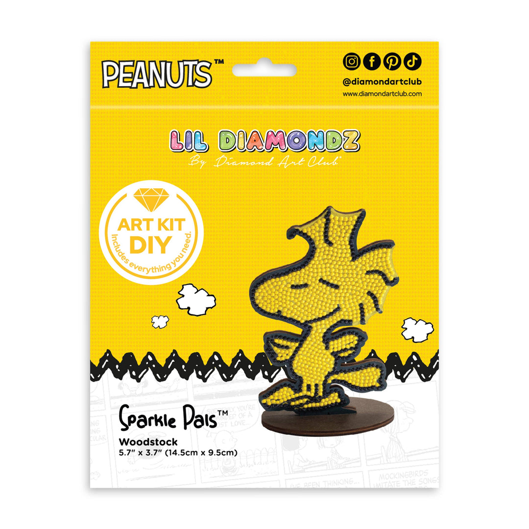 Packaging of a 'Lil Diamondz' Art Kit DIY with Woodstock from Peanuts on a yellow background.