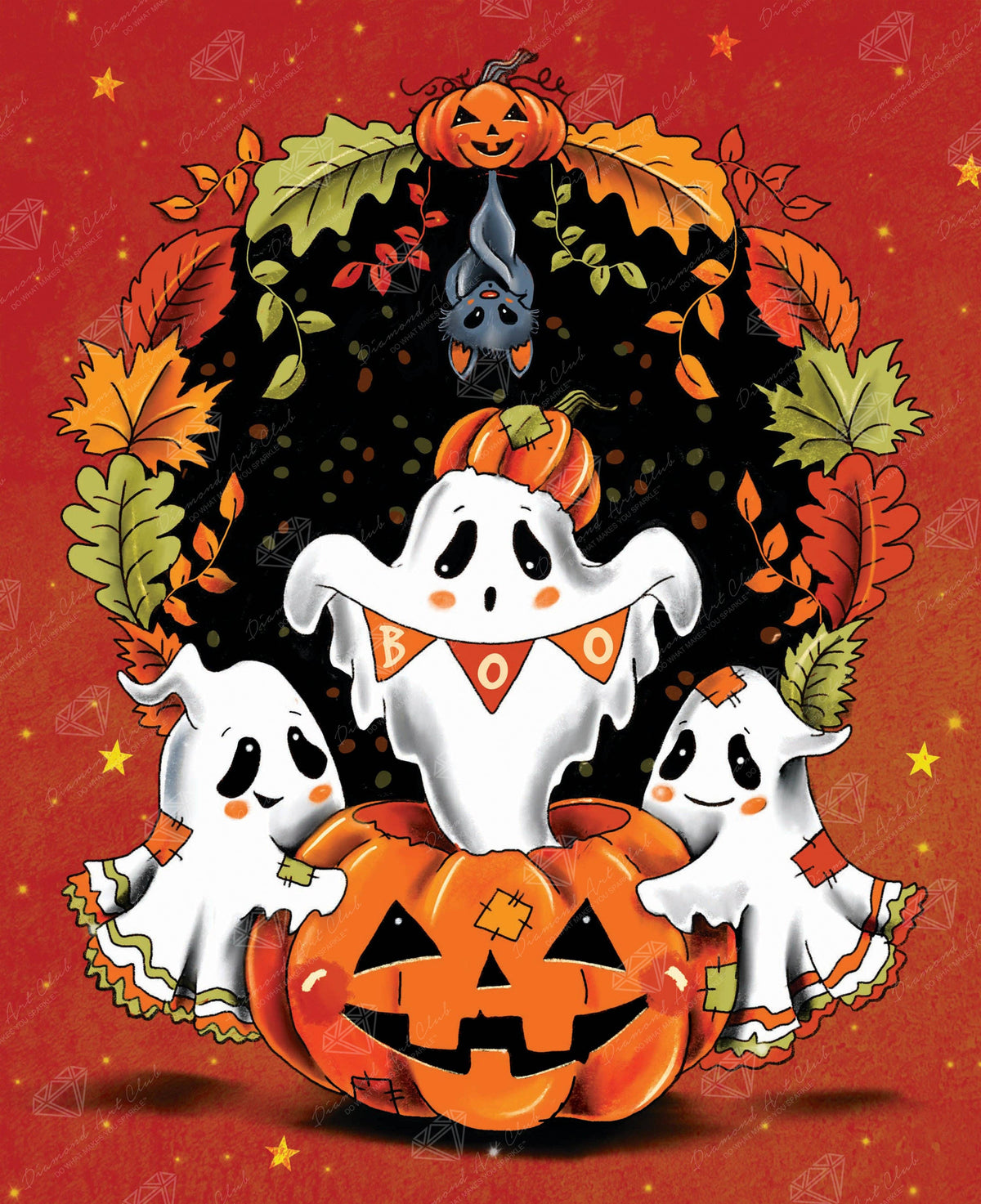 Halloween-themed illustration with ghosts, pumpkins, and leaves on a red background.