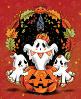 Halloween-themed illustration with ghosts, pumpkins, and leaves on a red background.