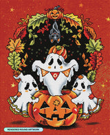 Halloween-themed cross-stitch design with ghosts, pumpkins, and leaves on a red background.