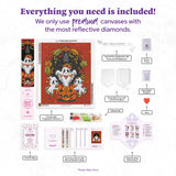 Collection of diamond painting supplies with text highlighting premium materials.