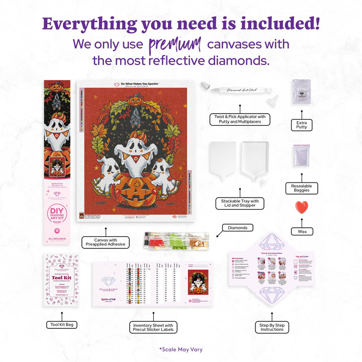 Collection of diamond painting supplies with text highlighting premium materials.
