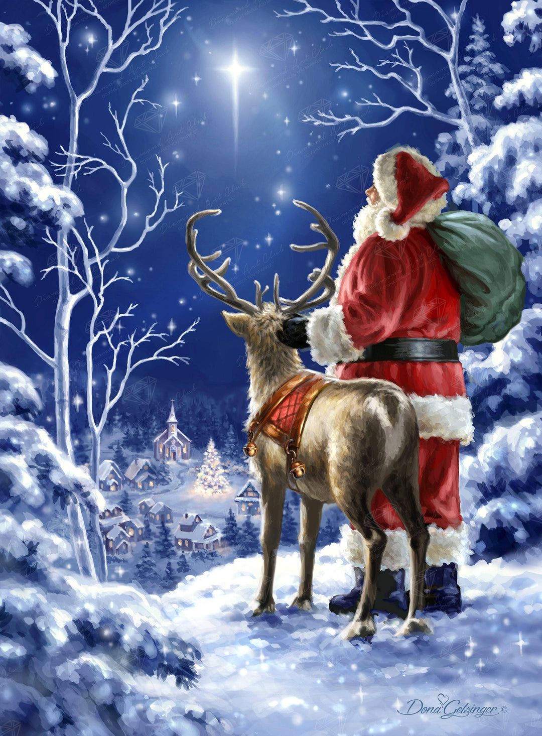 Santa Claus with a reindeer in a snowy landscape with a starry sky.