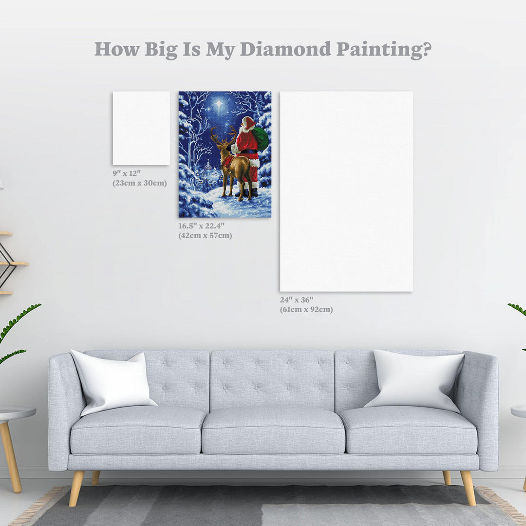 Diamond painting on a wall above a sofa with size measurements displayed.