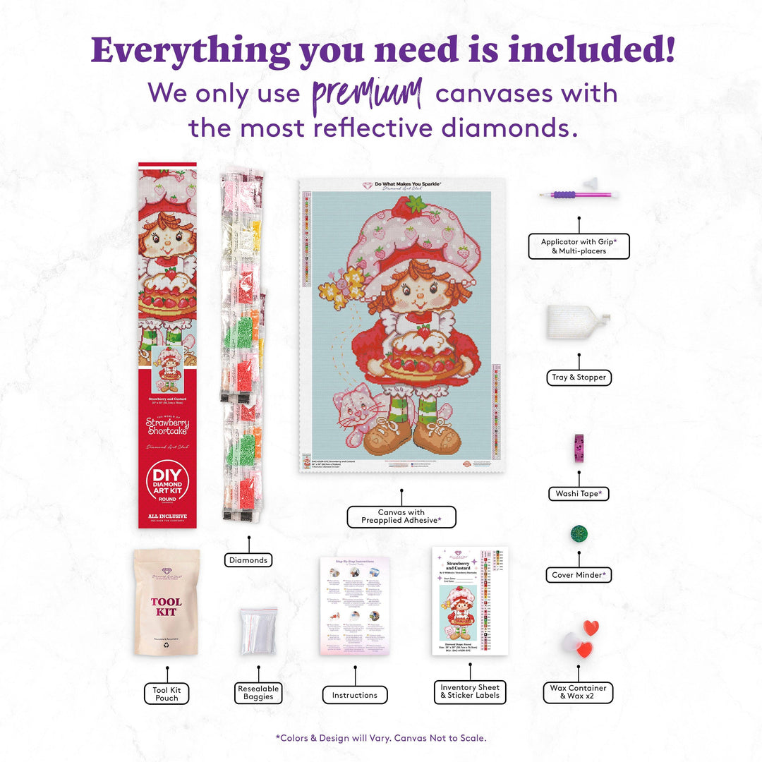 Product set with Strawberry Shortcake design, including tools and materials for a craft project.