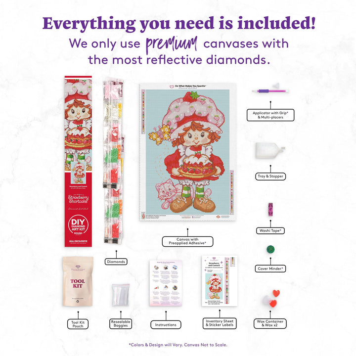 Product set with Strawberry Shortcake design, including tools and materials for a craft project.