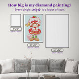 Diamond painting canvas with size measurements displayed on a wall.