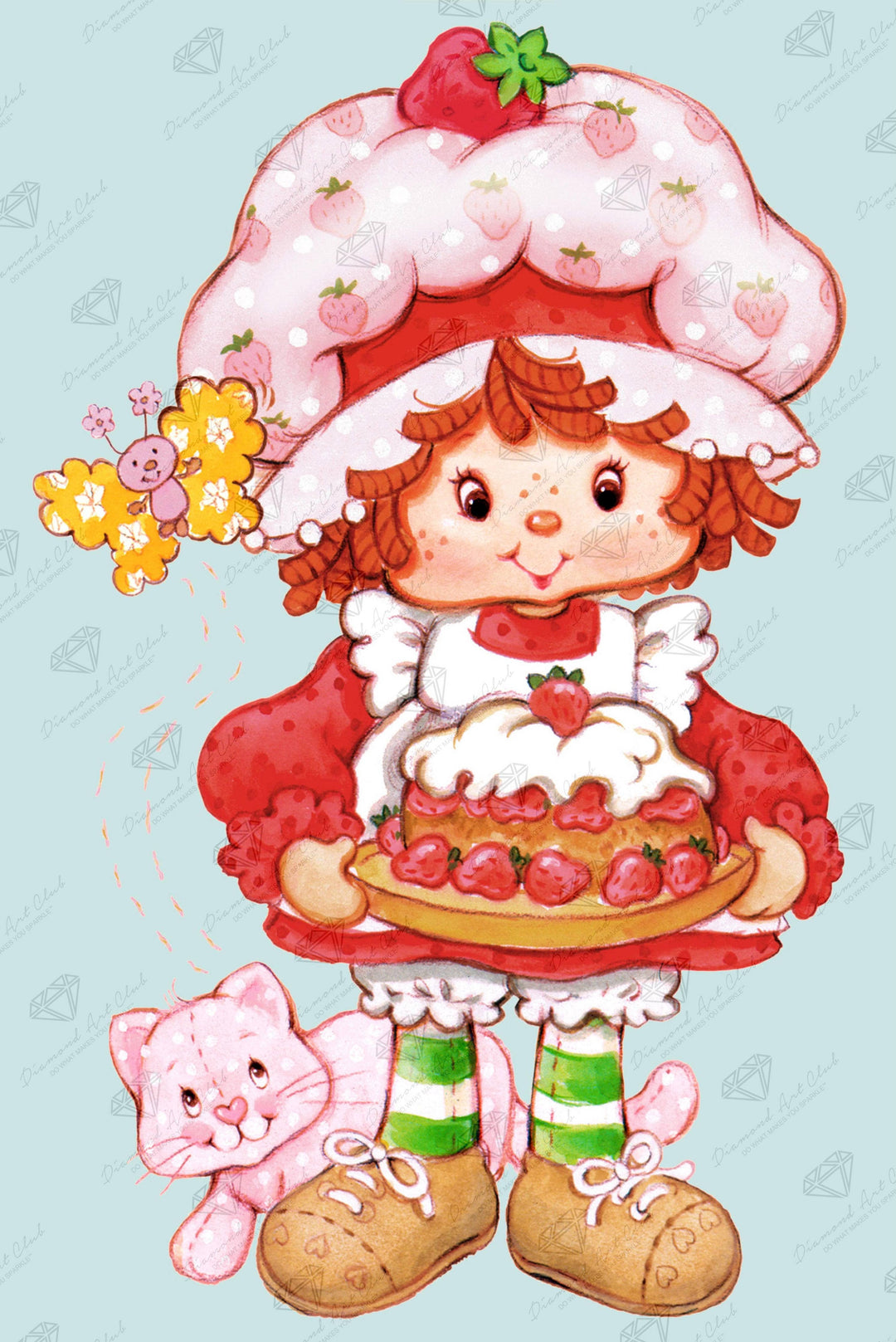Cartoon character with a strawberry-themed hat and pink cat holding a cake on a light blue background