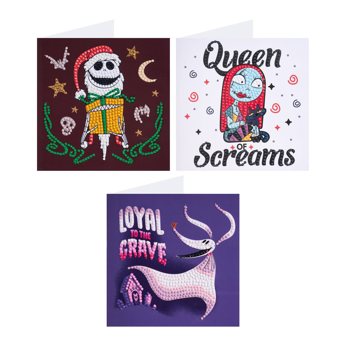 Three Halloween-themed greeting cards with spooky designs on a white background.